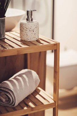 Organik ve sürdürülebilir malzemelerden yapılmış çevre dostu banyo dekoru, ev dekorasyonu ve lüks iç tasarım.