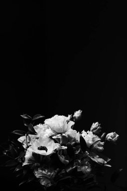 Çiçek buketi güzel çiçek aranjmanı, yaratıcı çiçekler ve çiçekli tasarım, klasik siyah ve beyaz monokrom