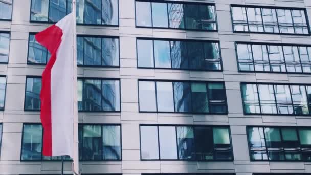 Bandera polaca ondeando frente al moderno edificio de oficinas corporativas, día de la independencia nacional — Vídeo de stock