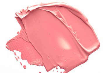 Mercan güzelliği kozmetik dokusu beyaz arka planda izole, lekeli makyaj emülsiyon kremi lekesi veya temel lekesi, ezilmiş kozmetik ürünler ve boya vuruşları