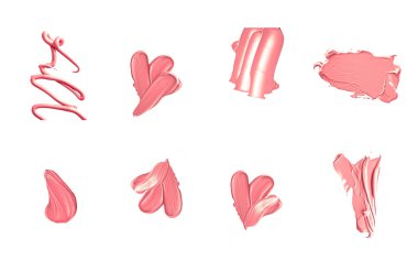 Mercan güzelliği kozmetik dokusu beyaz arka planda izole, lekeli makyaj emülsiyon kremi lekesi veya temel lekesi, ezilmiş kozmetik ürünler ve boya vuruşları