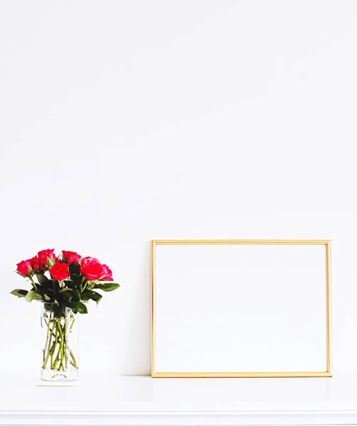 Golden frame on white furniture, luxury home decor and design for mockup, poster print and printable art, online shop showcase — Stock Photo, Image