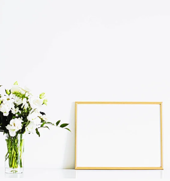 Golden frame on white furniture, luxury home decor and design for mockup, poster print and printable art, online shop showcase — Stock Photo, Image