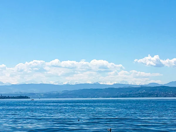 Paisaje suizo idílico, vista del lago Zurichsee en Zurich, Suiza, montañas, agua azul, cielo como naturaleza de verano y destino de viaje, ideal como impresión artística escénica —  Fotos de Stock