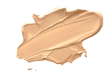 Beyaz arka planda izole edilmiş bej güzellik kozmetik dokusu, lekeli makyaj emülsiyon kremi lekesi veya temel lekesi, ezilmiş kozmetik ürünler ve boya vuruşları