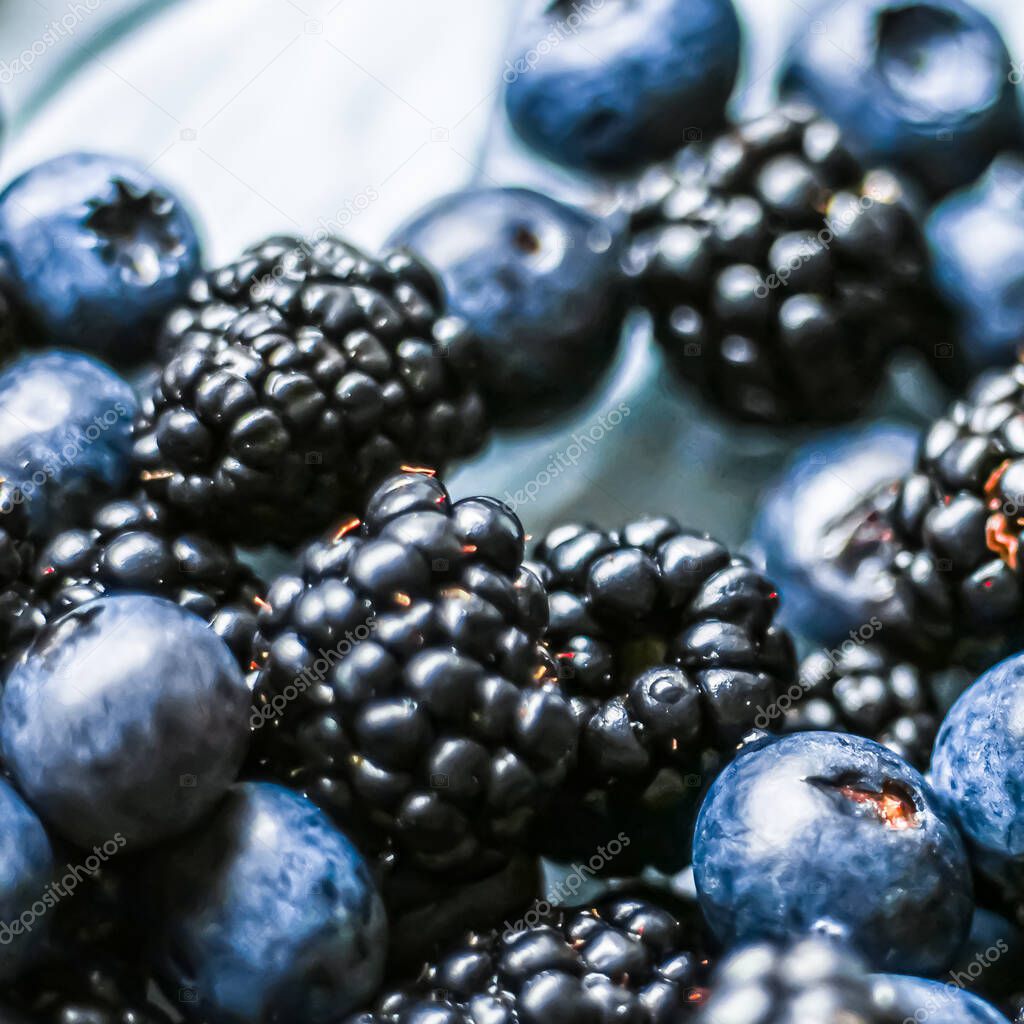 Blueberries and blackberries as fruit background, healthy food and berry juice, vegan snack and diet nutrition