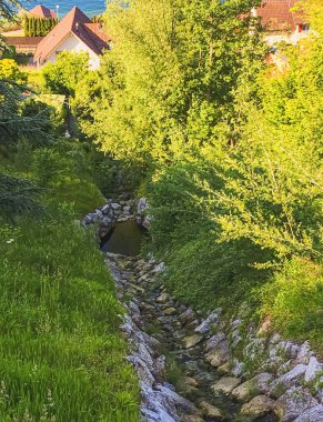 Wollerau 'daki dağ nehri, İsviçre' deki Schwyz kantonu, doğa ve seyahat