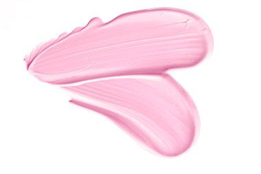 Beyaz arkaplanda yalıtılmış pembe güzellik kozmetik dokusu, lekeli makyaj kremi lekesi veya temel lekesi, kozmetik ürün ve boya vuruşları.