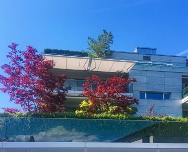 Wollerau 'daki modern apartman ve cadde, İsviçre' deki kanton Schwyz, İsviçre mimarisi ve gayrimenkul.