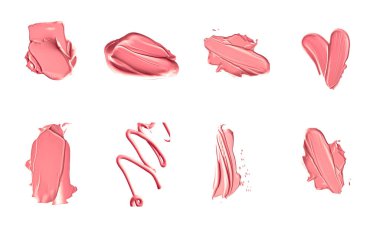 Mercan güzelliği kozmetik dokusu beyaz arka planda izole, lekeli makyaj emülsiyon kremi lekesi veya temel lekesi, ezilmiş kozmetik ürünler ve boya vuruşları