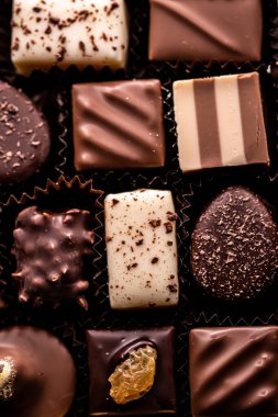 İsviçre çikolataları hediye kutusunda çeşitli lüks pralinler İsviçre 'de çikolatada siyah ve sütlü organik çikolatalar bayram hediyesi olarak tatlı yiyecekler ve kaliteli şekerleme markası.
