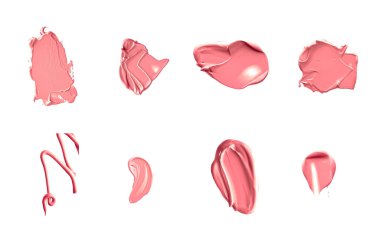 Mercan güzelliği kozmetik dokusu beyaz arka planda izole, lekeli makyaj emülsiyon kremi lekesi veya temel lekesi, ezilmiş kozmetik ürünler ve boya vuruşları