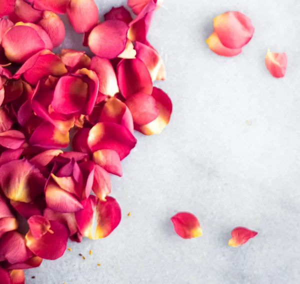 Pétales de rose sur fond de marbre, décor floral et flatlay de mariage, fond de carte de voeux de vacances pour l'invitation à l'événement, design plat laïc — Photo