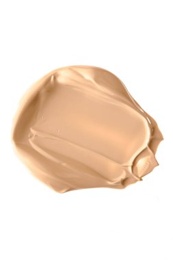 Beyaz arka planda izole edilmiş bej güzellik kozmetik dokusu, lekeli makyaj emülsiyon kremi lekesi veya temel lekesi, ezilmiş kozmetik ürünler ve boya vuruşları