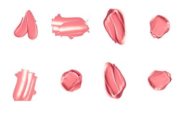 Mercan güzelliği kozmetik dokusu beyaz arka planda izole, lekeli makyaj emülsiyon kremi lekesi veya temel lekesi, ezilmiş kozmetik ürünler ve boya vuruşları