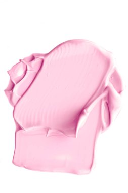 Beyaz arkaplanda yalıtılmış pembe güzellik kozmetik dokusu, lekeli makyaj kremi lekesi veya temel lekesi, kozmetik ürün ve boya vuruşları.