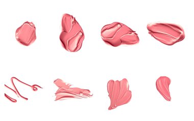 Mercan güzelliği kozmetik dokusu beyaz arka planda izole, lekeli makyaj emülsiyon kremi lekesi veya temel lekesi, ezilmiş kozmetik ürünler ve boya vuruşları