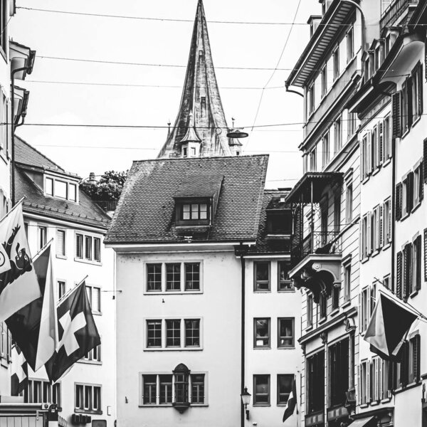 Zurich, Switzerland view of historic Old Town buildings near main railway train station Zurich HB, Hauptbahnhof, Swiss architecture and travel destination.