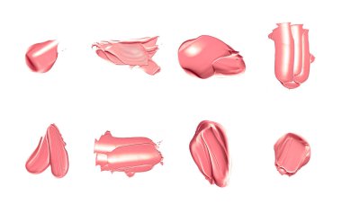 Mercan güzelliği kozmetik dokusu beyaz arka planda izole, lekeli makyaj emülsiyon kremi lekesi veya temel lekesi, ezilmiş kozmetik ürünler ve boya vuruşları