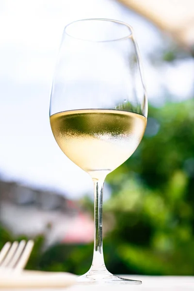 White wine in luxury restaurant on summer garden terrace, wine tasting experience at winery in the vineyard, gourmet tour and holiday travel — Stock Photo, Image