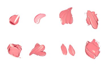 Mercan güzelliği kozmetik dokusu beyaz arka planda izole, lekeli makyaj emülsiyon kremi lekesi veya temel lekesi, ezilmiş kozmetik ürünler ve boya vuruşları