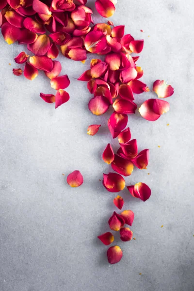 Pétales de rose sur fond de marbre, décor floral et flatlay de mariage, fond de carte de voeux de vacances pour l'invitation à l'événement, design plat laïc — Photo