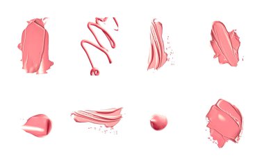 Mercan güzelliği kozmetik dokusu beyaz arka planda izole, lekeli makyaj emülsiyon kremi lekesi veya temel lekesi, ezilmiş kozmetik ürünler ve boya vuruşları