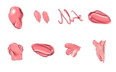 Mercan güzelliği kozmetik dokusu beyaz arka planda izole, lekeli makyaj emülsiyon kremi lekesi veya temel lekesi, ezilmiş kozmetik ürünler ve boya vuruşları