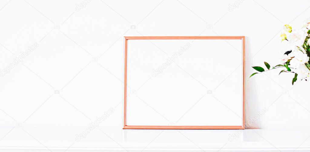 Rose gold frame on white furniture, luxury home decor and design for mockup, poster print and printable art, online shop showcase