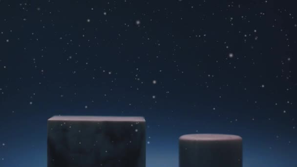 Kışın Noel ürünü sunumu, mavi arkaplanda kar, kozmetik gösterisi için mermer podyum — Stok video