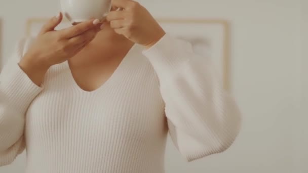 寒い秋や冬に家の中でお茶やコーヒーの暖かいカップを保持する女性 — ストック動画