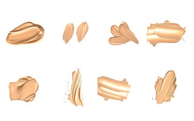 Beyaz arka planda izole edilmiş bej güzellik kozmetik dokusu, lekeli makyaj emülsiyon kremi lekesi veya temel lekesi, ezilmiş kozmetik ürünler ve boya vuruşları