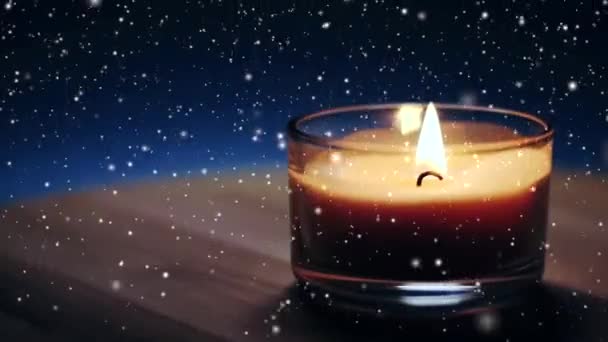 Christmas holiday mood, burning candle and snow falling, winter magic — Stock Video