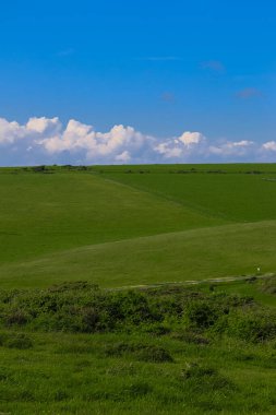Yuvarlanan yeşil tepeler beyaz kümülüs bulutlarıyla dolu açık mavi gökyüzü ile buluşarak huzurlu bir doğal manzara yaratıyor. Doğu Sussex kırsal bölgesi, İngiltere