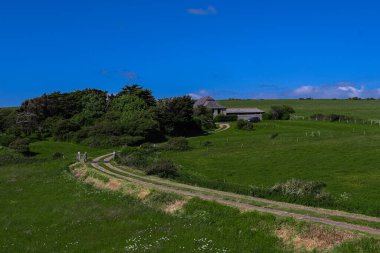 Ağaçların arasına yerleştirilmiş taştan bir çiftlik binasının, yakınlarda park edilmiş bir aracın ve çimenli tepelerden geçen bir yolun bulunduğu kırsal alan. Doğu Sussex, İngiltere