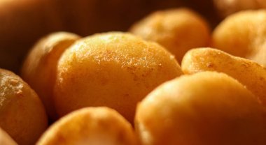 Kızarmış altın patates ve çıtır çıtır deri. Lezzetli bir meze olur. Sıcak, doğal ışıkla yemek pişirme makro detayı