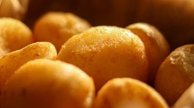 Kızarmış patates topları. İştah açıcı ve çıtır çıtır atıştırmalık. Hızlı yemek için sıcak, rahatlatıcı bir dokusu var.