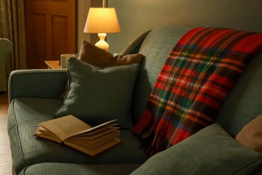 Bir kitap, ekose battaniye ve loş lamba ile rahatlık ve rahatlama sunan bir oturma odasına davet etmek bir hygge atmosferi oluşturur.