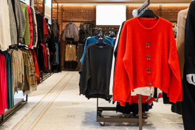 Askılarda ve askılarda sergilenen süveter ve bluzlar da dahil olmak üzere çeşitli giysileri olan modern bir giyim mağazasının içi.