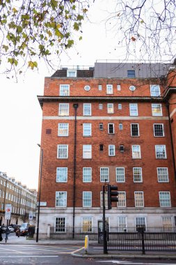 Bir şehir sahnesinde kırmızı tuğlalar ve beyaz pencere çerçeveleri, bir trafik ışığı ve sonbahar yaprakları içeren Londra binası