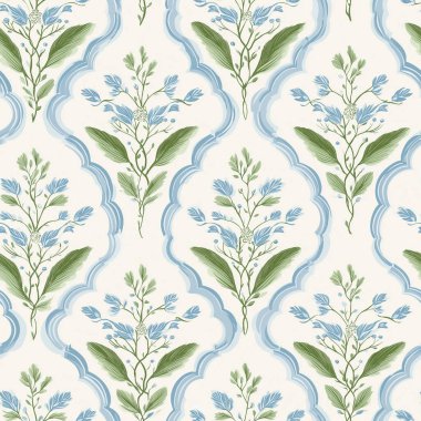 Kusursuz desen, çiçeksiz desen mavi suluboya çiçekleri ve beyaz arka planda yeşil yapraklar, klasik stil duvar kağıdı tasarımı.