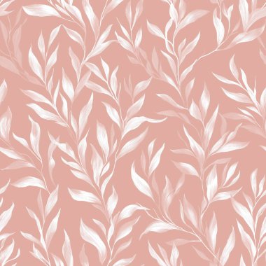 Botanik beyaz yapraklar tozlu bir arka planda zarif, pürüzsüz bir desen oluşturuyor. Tekstil, kumaş ve dekoratif tasarımlar için ideal.