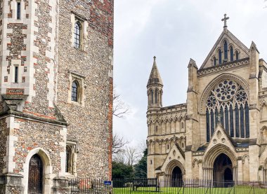 St. Albans Katedrali sembolik görünüşünü, detaylı taş işlerini ve İngiliz mirasını ve tarihini temsil eden gül penceresini sergiliyor.