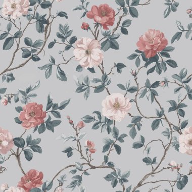 Hassas, pürüzsüz çiçek desenli pembe ve kırmızı güller, yumuşak gri arka planda yapraklı dallar, duvar kağıdı veya kumaş için mükemmel.