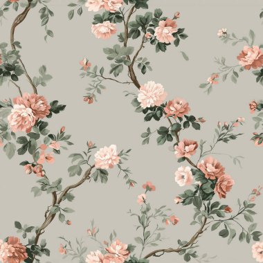 Pembe güller ve sallanan dallarda yeşil yapraklar içeren zarif çiçeksiz desenler, lüks bir botanik zemin oluşturur.