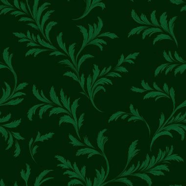Koyu bir arka planda yeşil yaprak deseni tekrarlanıyor. Tekstil, duvar kağıdı ve dekoratif projeler için botanik tasarımı