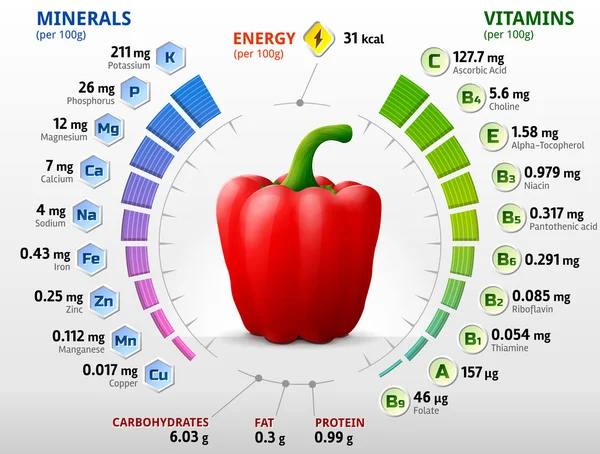 Vitaminas e minerais de pimentão vermelho — Vetor de Stock