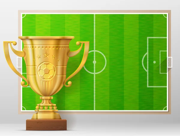 Golden trophy cup against soccer pitch — Stock Vector