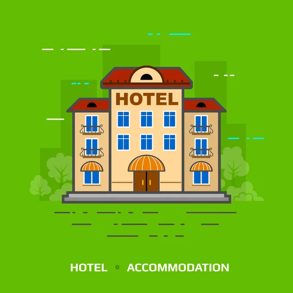 Ilustração plana do hotel contra fundo verde — Vetor de Stock