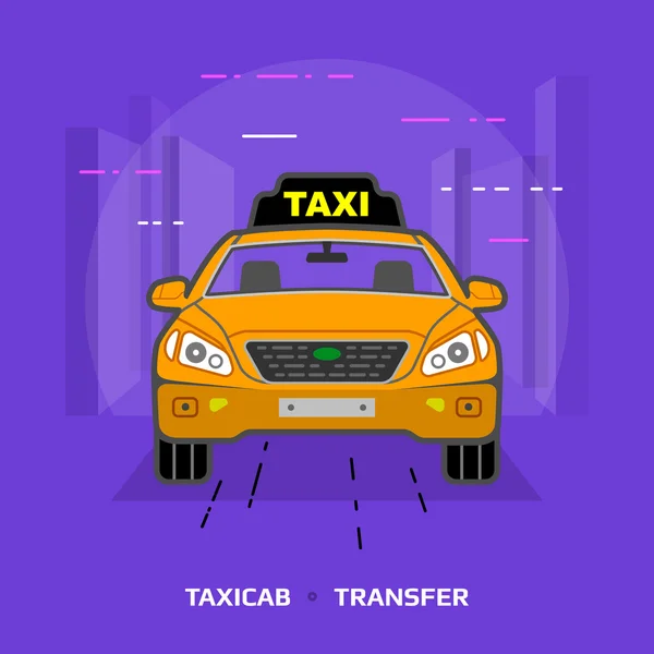Επίπεδη απεικόνιση του αυτοκινήτου ταξί ενάντια σε φόντο μπλε βιόλα — Διανυσματικό Αρχείο